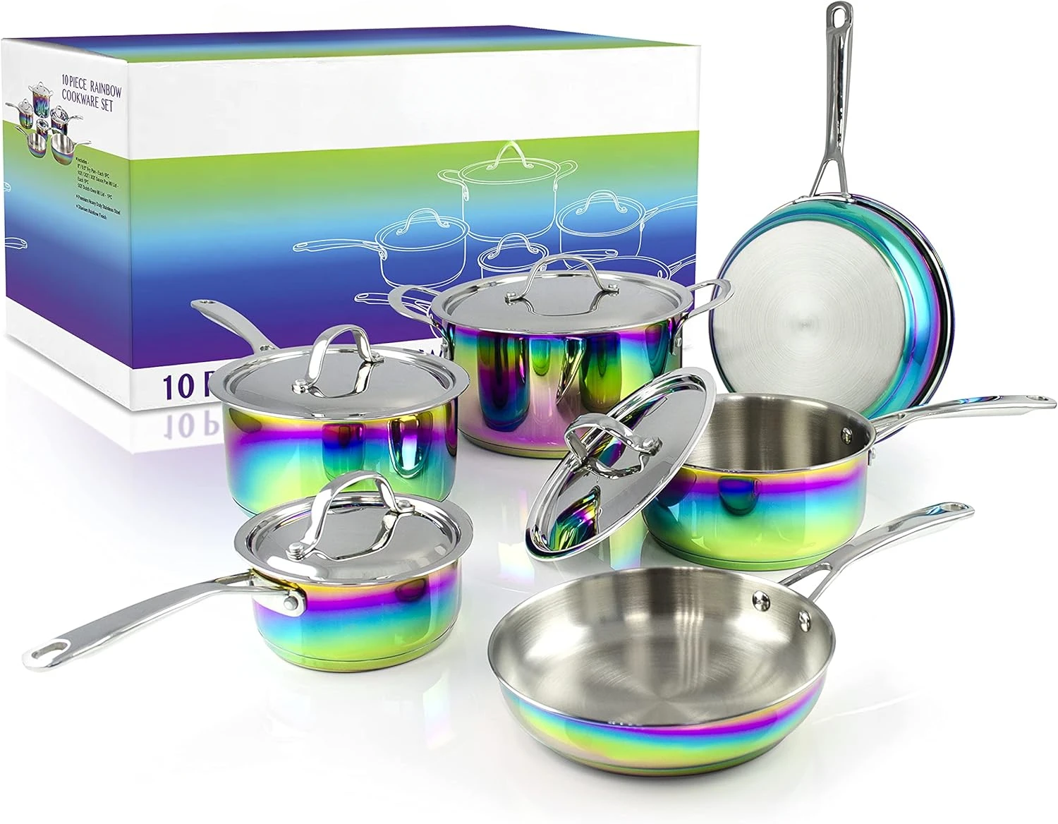 The Magical Kitchen Collection - Iridescent Rainbow Cookware Set - Premium Heavy Duty Stainless Steel and Titanium Pots & Pans S