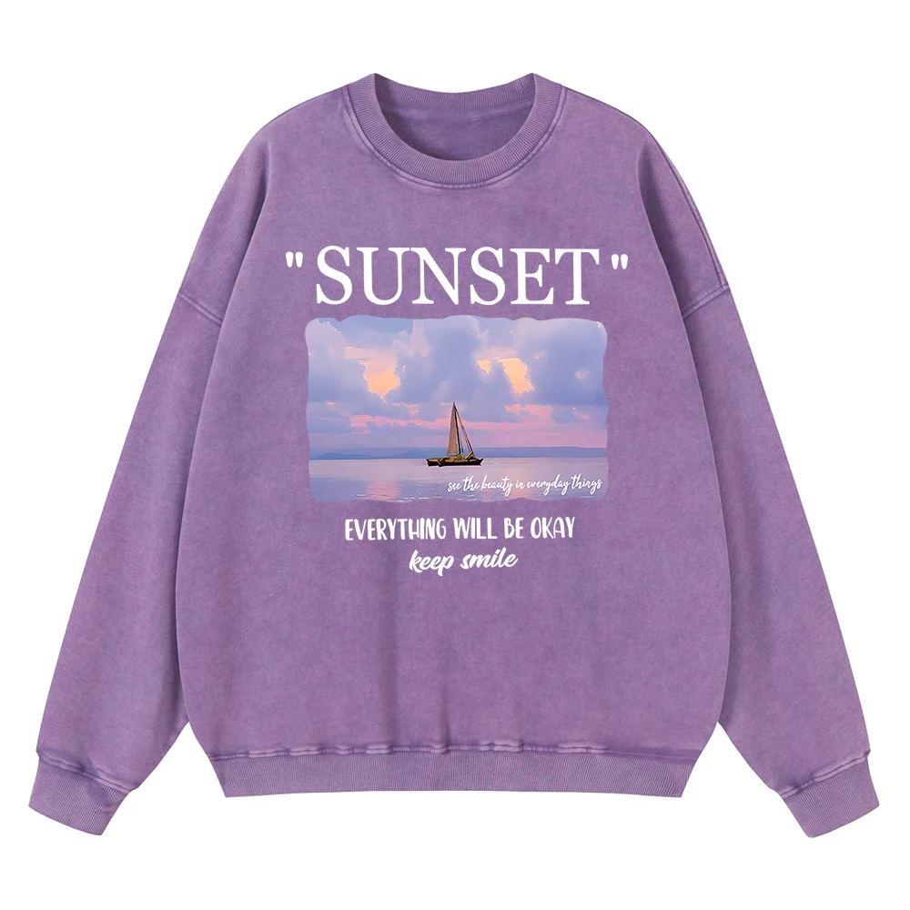 

Vintage Distressed Washing Sunset Everything Will Be Okay Keep Men Sweatshirt Loose Hoody Cotton Hoodie Fashion Hoodies Tops