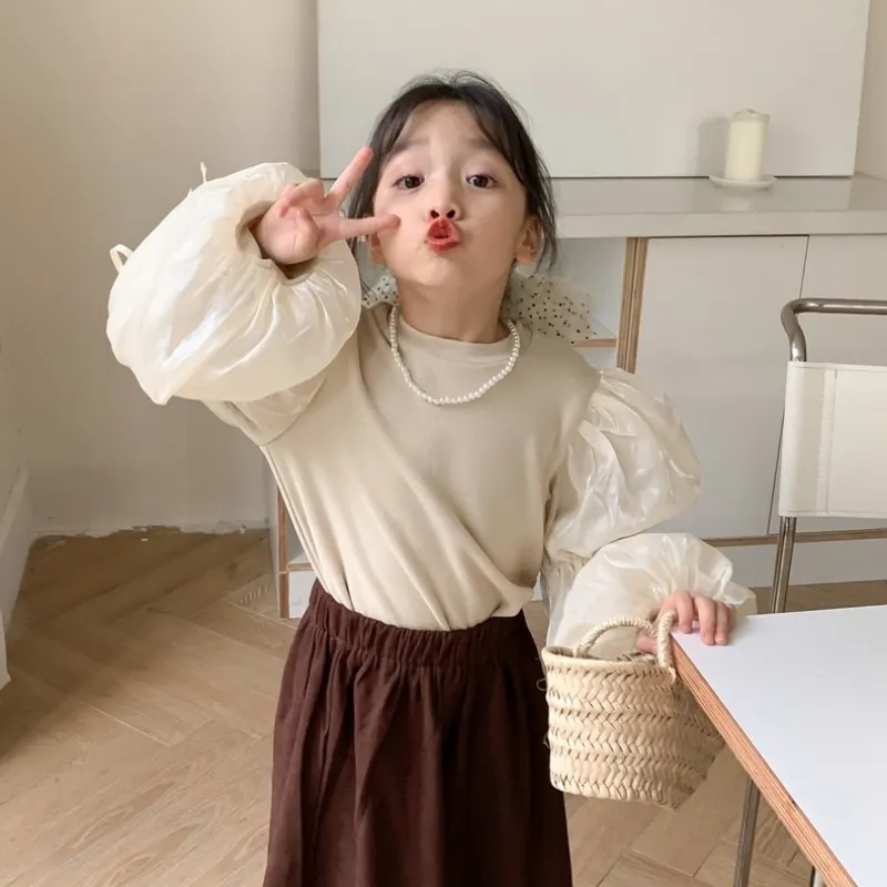 Fashion Baby Girl Cotton Puff Sleeve Tshirt Infant Toddler Girl Pullover Long Sleeve Tee Top Solid Color Baby Clothes 1-7