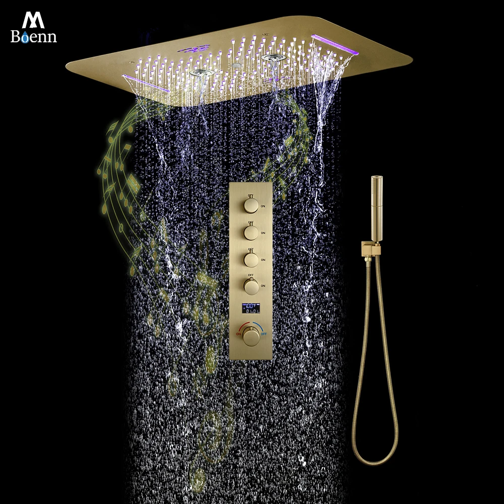 M Boenn Hotel Shower massage System Set Brushed Gold Rainfall ShowerHead Concealed Shower Faucet Bathroom Hot and Cold Mixer Tap