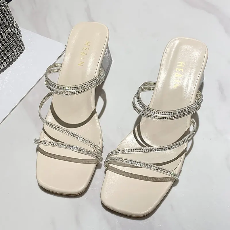 Lấp Lánh Trượt Giày Med Dép Casual Size Lớn Slipers Nữ Sữa Ong Chúa Cao Cấp 2022 Vụ Tai Tiếng Pha Lê Cao Su Móng Guốc Gót PU Lớn kích Thước