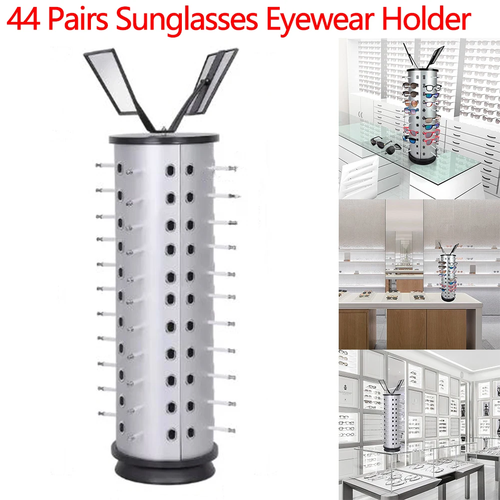 

Rotating Eyewear Collection with Mirror Sunglasses Carousel Rack 44 Pairs of Glasses Storage Freestanding Glasses Stand Holder