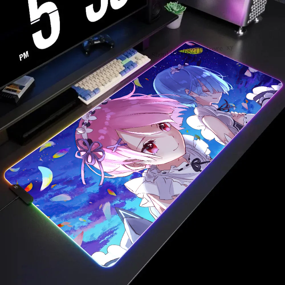 Anime ReZero Mousepad XXL RGB Gaming Mouse Pads HD Black Gamer Accessories Large LED