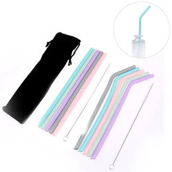 Kitchen Accessory Reusable Silicone Drinking Straws Foldable Flexible Straw with Cleaning Brushes Kids Party Supplies Bar Tools