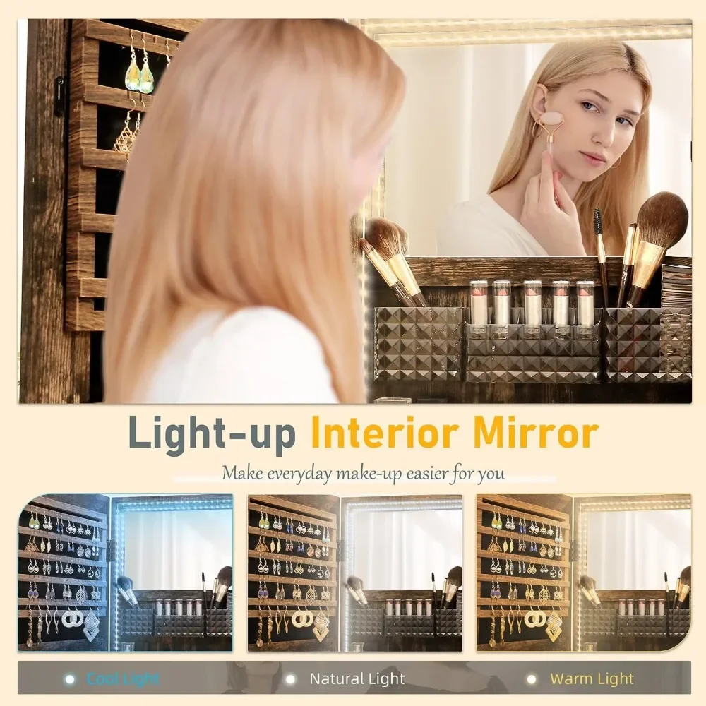 Mirror Cabinet with Storage and Shelf, Vanity Makeup Mirror 3-Color LED Lights & Full Length Mirror, Lockable Jewelry Cabinet