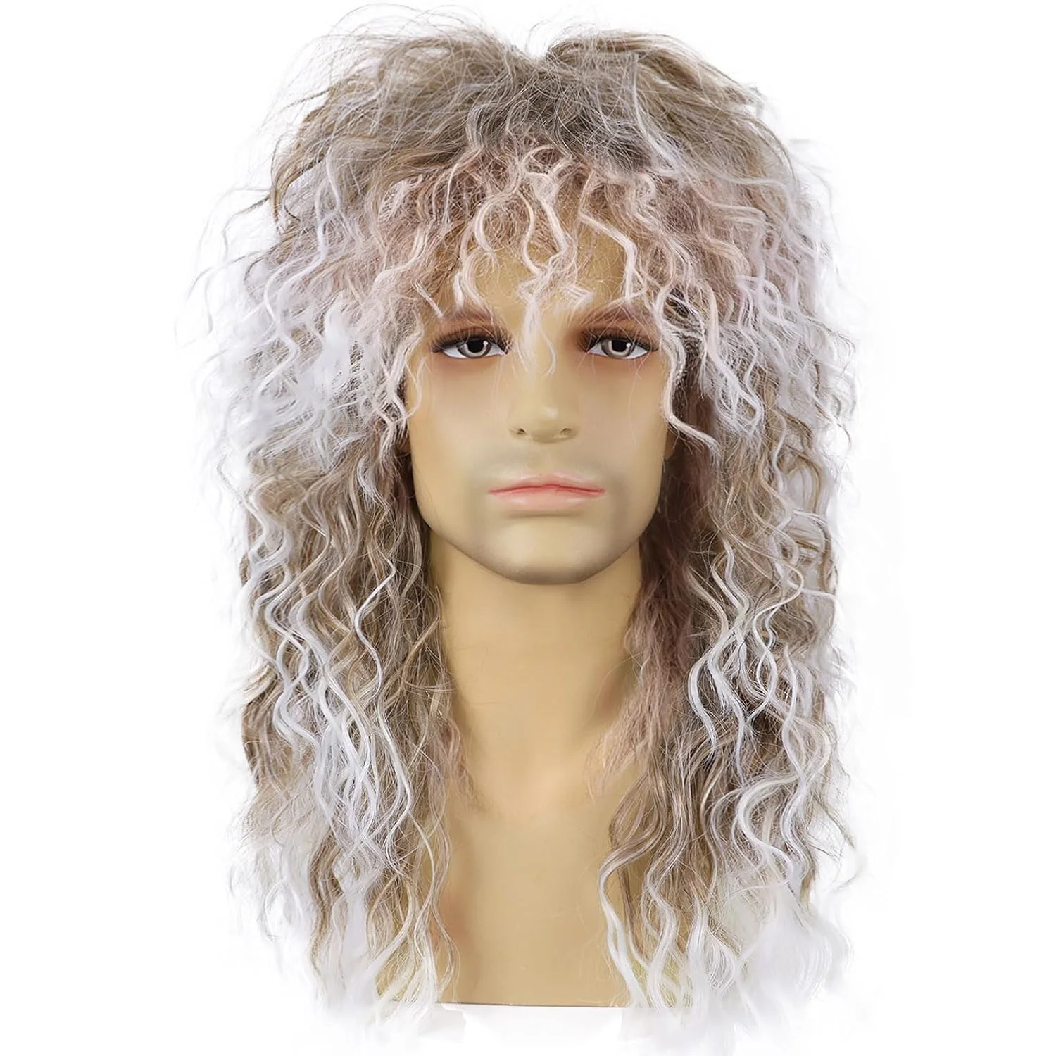 

Длинный вьющийся парик с градиентом от коричневого к белому для мужчин и женщин, в стиле рокеров 70-х и 80-х годов, парик-мультфильм для вечеринок, забавный синтетический парик для костюмов