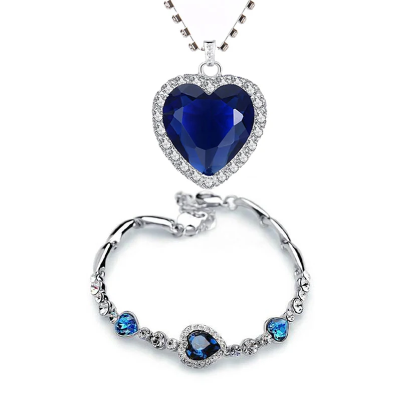 Titanic Heart of Ocean Necklaces for Women Peach Heart Blue Crystal Zircon Bracelets and Necklaces Jewelry Sets with Velvet Bags