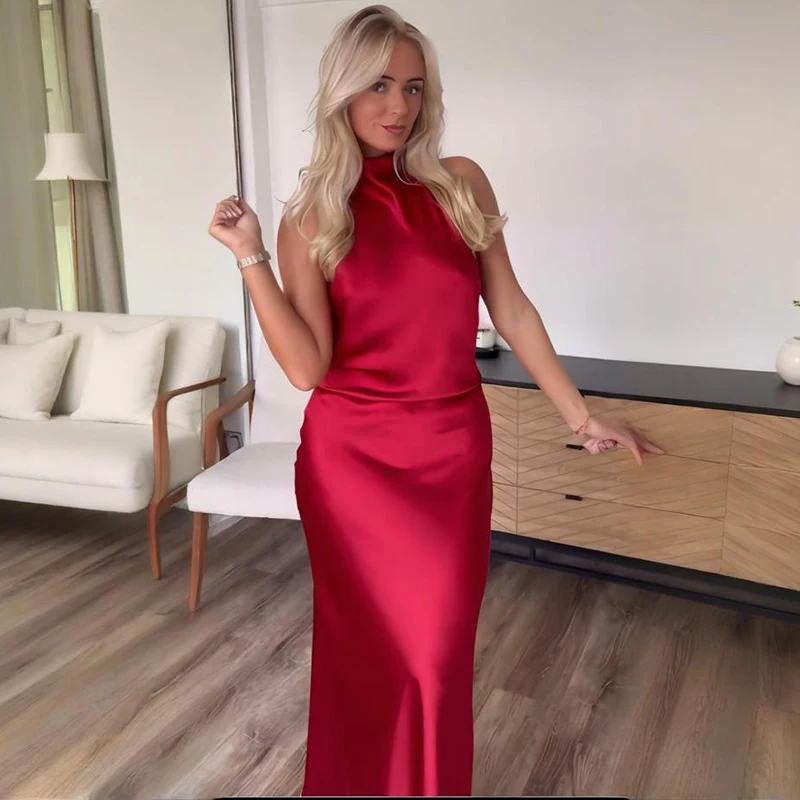 Typhaland Abito lungo con scollo all'americana in raso per donna Abito elegante sexy senza schienale Abito solido a vita alta Abiti da festa di compleanno