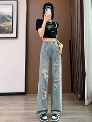 Women's with Holes Jeans Retro Blue Cowboy Pants for Woman High Waist Shot Straight Leg Torn Trousers Teenagers Do Old Baggy