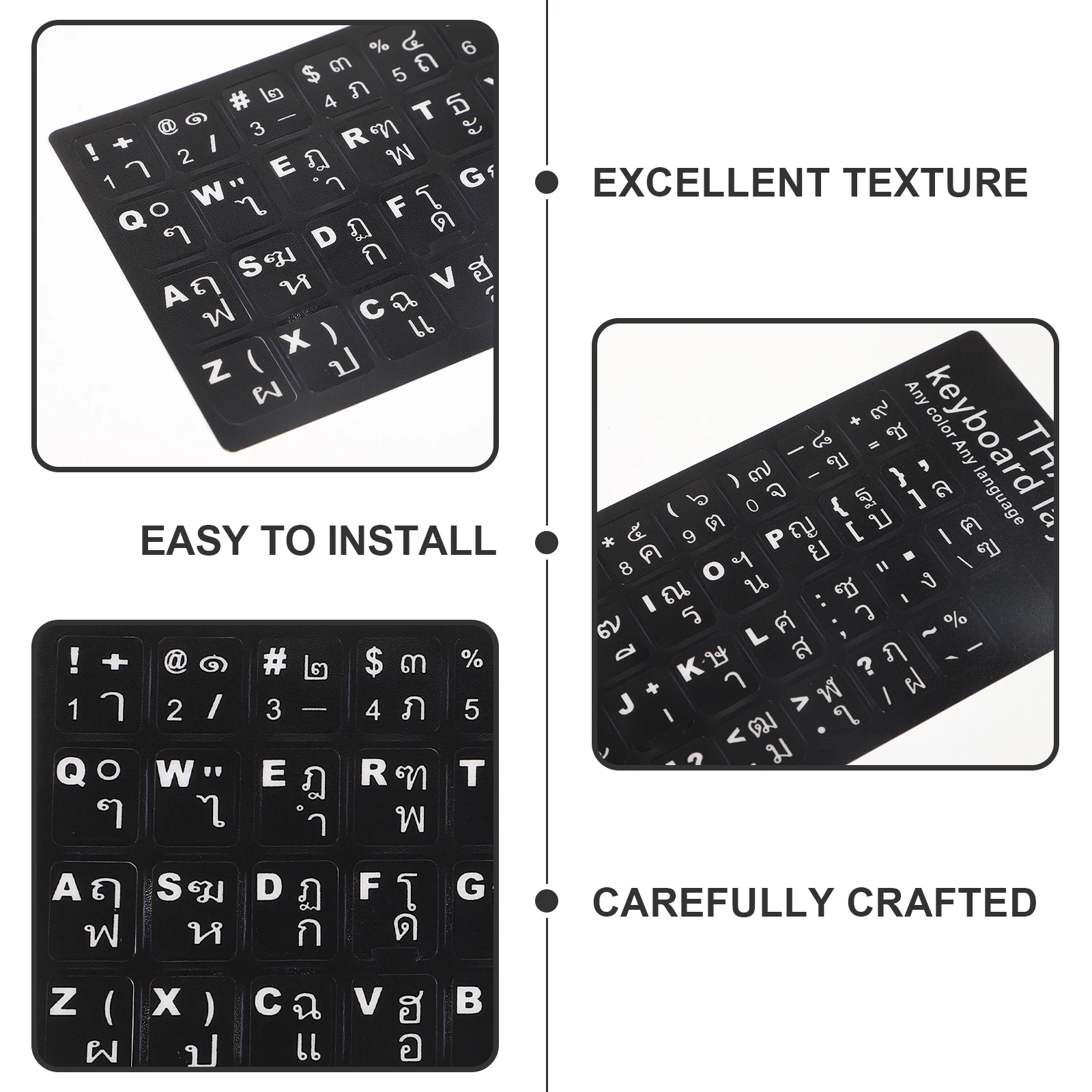 

2 Sheets Adhesive Thai Keyboard Stickers Black Background White Lettering Universal Computer Laptop Notebooks Desktops Long