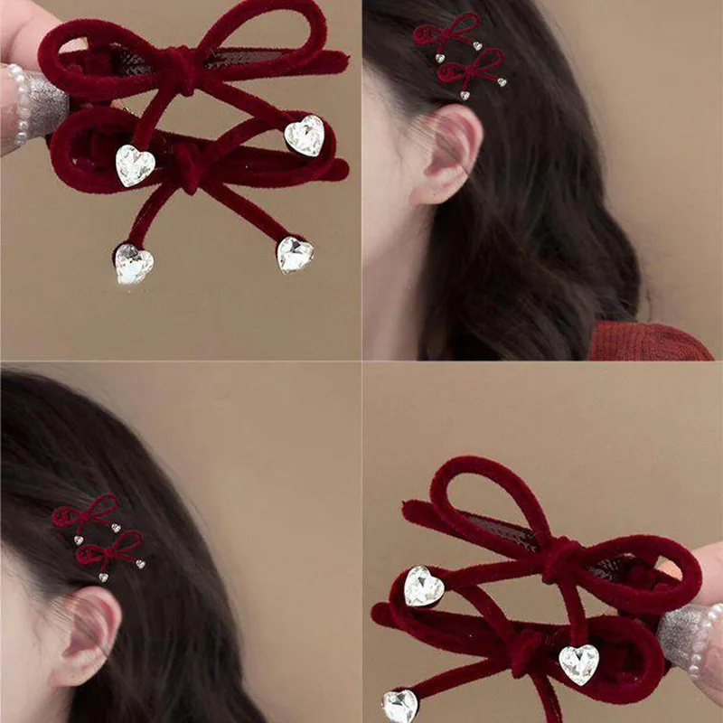 

Velvet Heart-shaped Rhinestones Bow Hairpins Women Girls Small Bangs Side Clip Barrettes Accessories Headwear Headdress Ornament