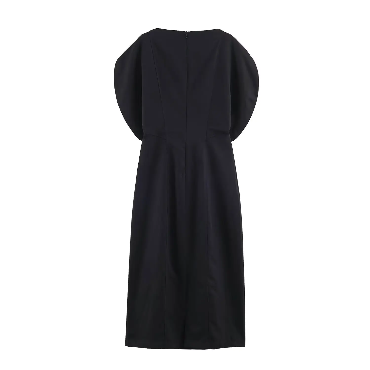 BSAY 2026 Women Elegant Solid Black Midi Dress Boat Neck Petal Cap Sleeve Back Zipper Slim Bodycon Office Evening Party Dress image 2