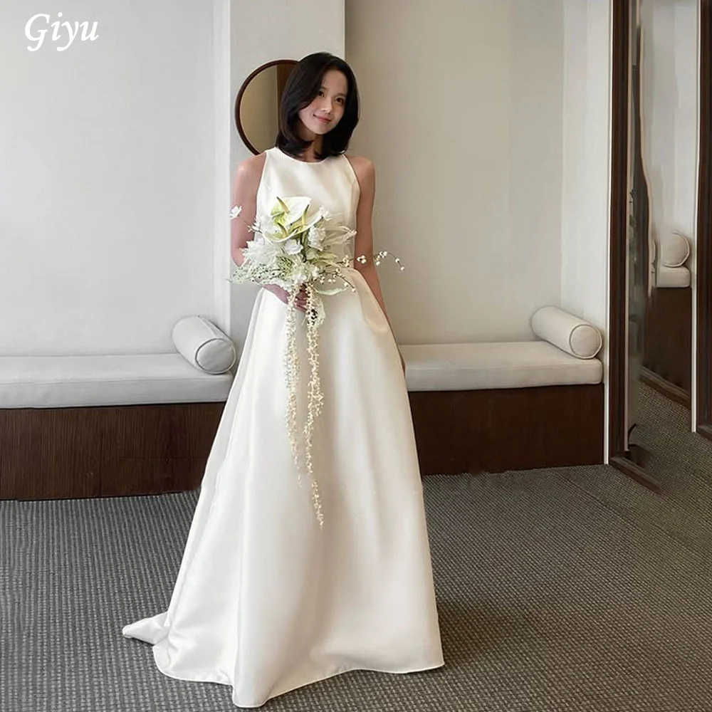 Giyu Elegant O-Neck A-line Sleeveless Wedding Dresses Korea Women Satin Floor Length Bridal Gowns Simple 웨딩드레스 Customized