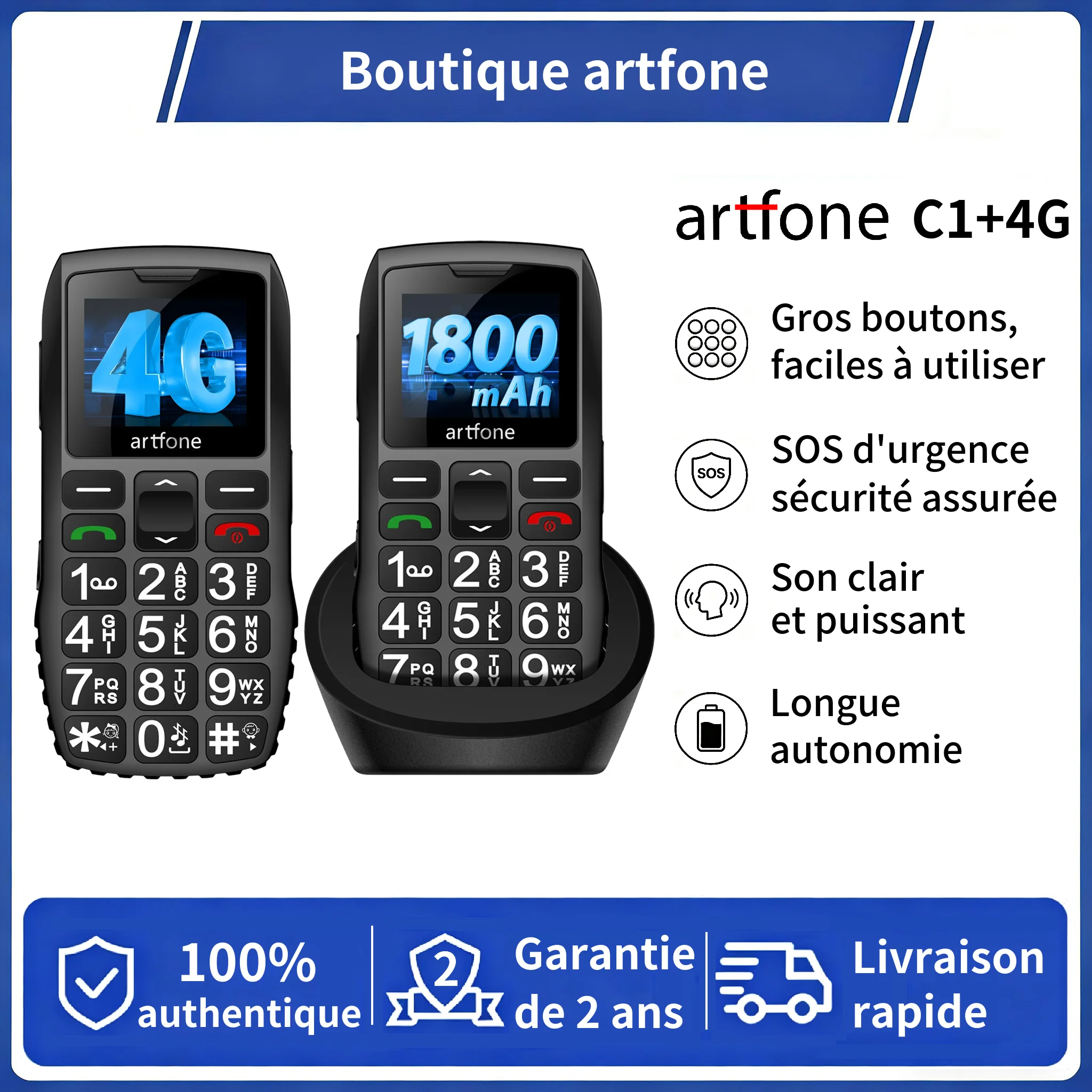 artfone C1+4G – Téléphone mobile 4G pour seniors, avec bouton SOS, grandes touches, volume élevé et batterie 1800 mAh