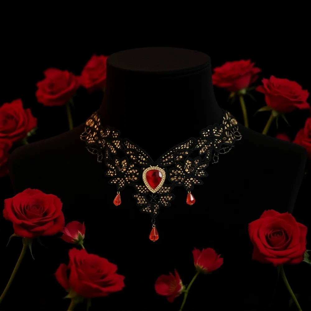 قلادة سوداء على الطراز القديم قلادة من الدانتيل على الطراز القوطي قلادة الهالوين سرية لإكسسوارات الفستان ملابس غير رسمية #1