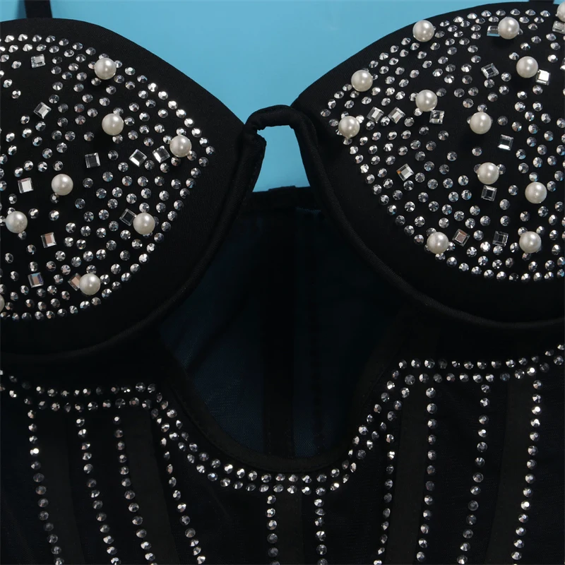 Vestido de cumpleaños con diamantes y perlas brillantes para mujer, vestidos cortos para fiesta de graduación con tirantes finos y espalda descubierta de malla transparente con parches