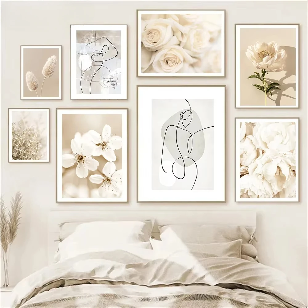 

Beige Peony Rose Line Flower Posters Autumn Canvas Painting Abstract Wall Art Prints Nordic Pictures Living Room Home Decoration