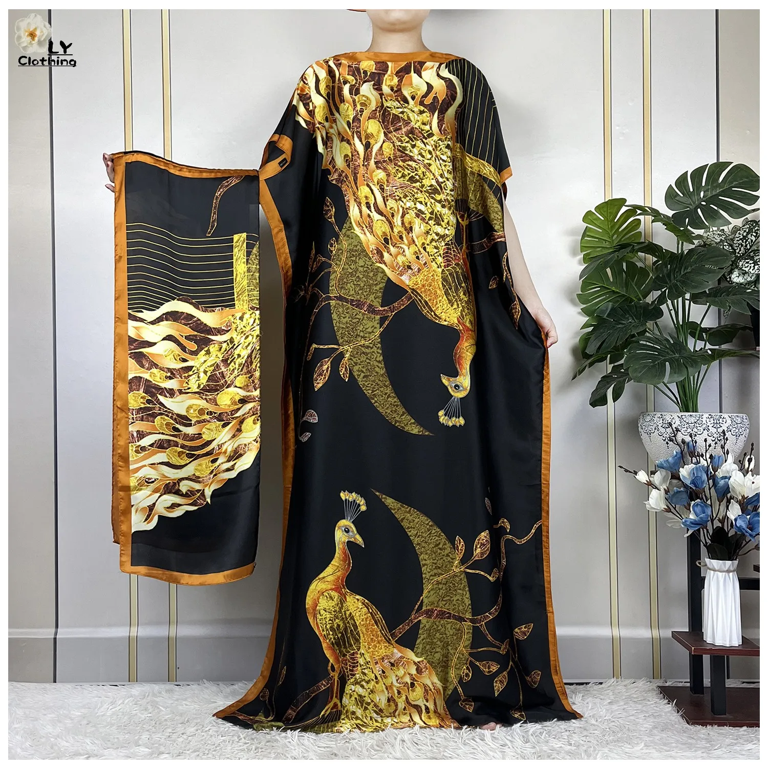 2023 New Dubai Style Fashion Women Clothing African Dashiki Abaya Soft Silk Print Design Islam Femme Loose Dress With Turban