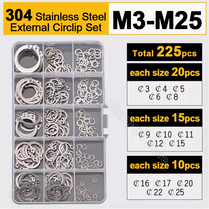 

225pc Assortment Kit M3 M4 M5 M6 M8 M9-M25 304Stainless Steel Shaft Bearing Retaining Clip Snap Ring C Type External Circlip Set