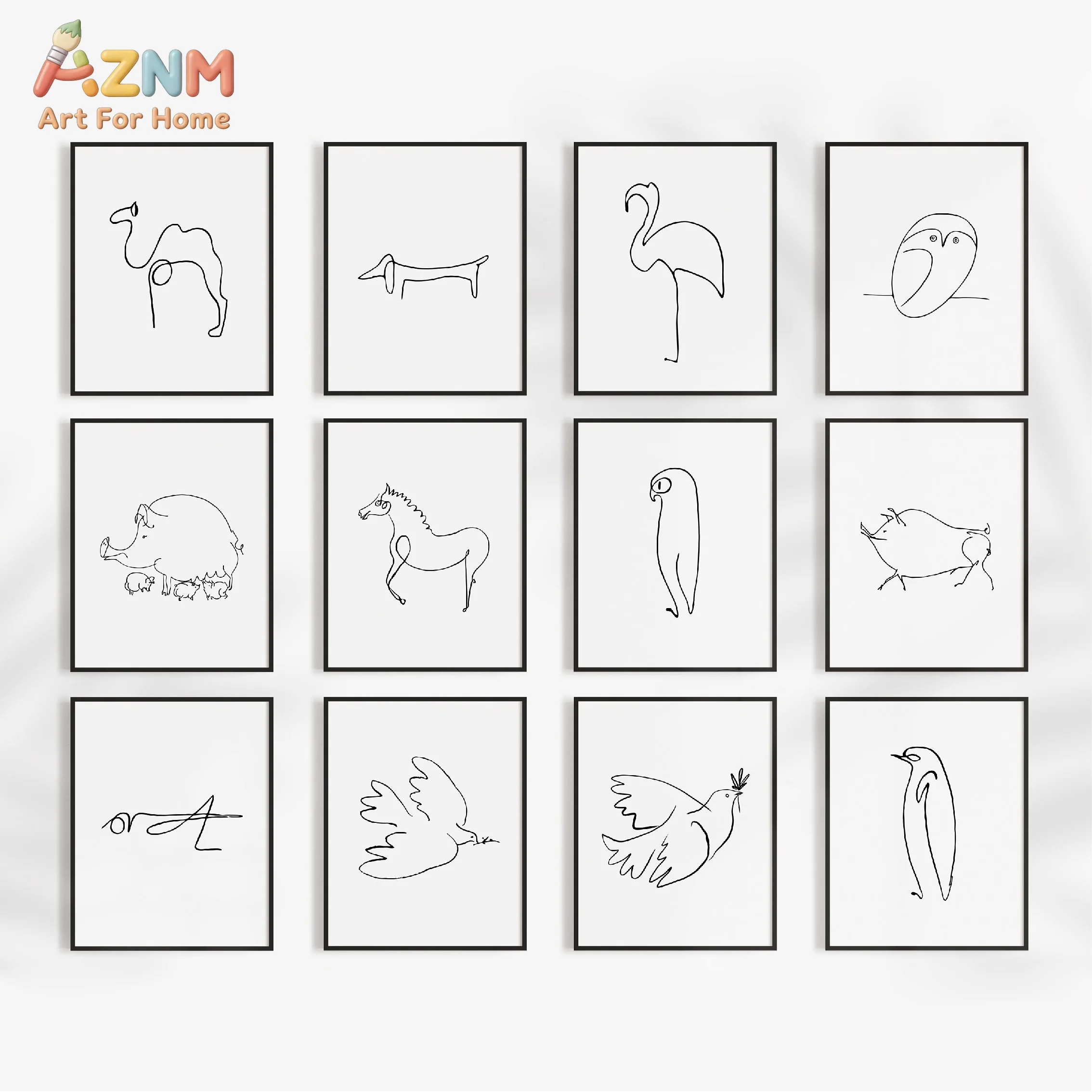 AZNM Minimalist One Line Animal Canvas Wall Art Print, Abstract Camel Flamingo Dog Bird Horse Sketch Neutral Modern Living Room