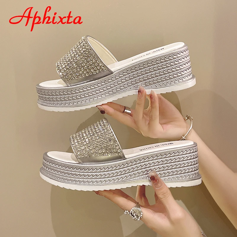 Aphixta Summer Diamonds Platform Wedge Heels Slides Women Thick Boat Sole Sandals Crystals Decorate Shoes Crystals Cool Slippers