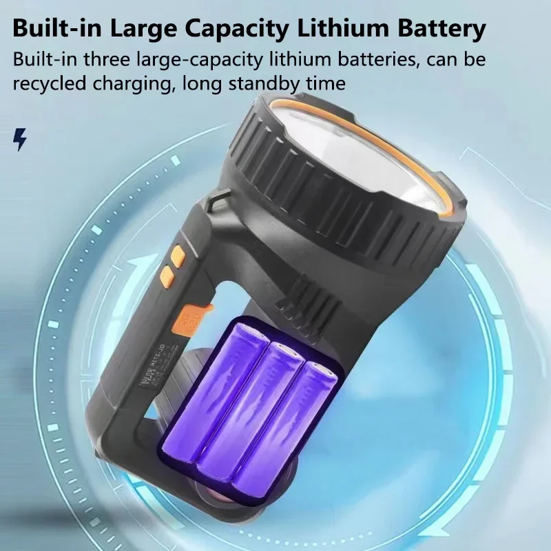 Portable LED Flashlight USB Rechargeable Searchlight with Side Light Outdoor Waterproof Powerful Spotlight Camping Lantern Torch