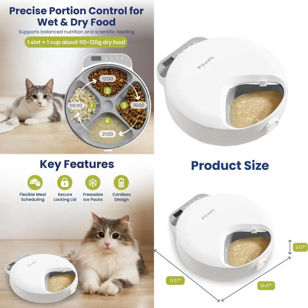 

Автоматическая кормушка для животных на 4 приема пищи – программируемый таймер, совместима с влажным и сухим кормом, беспроводная, с охлаждающими элементами, емкость 4 чашки