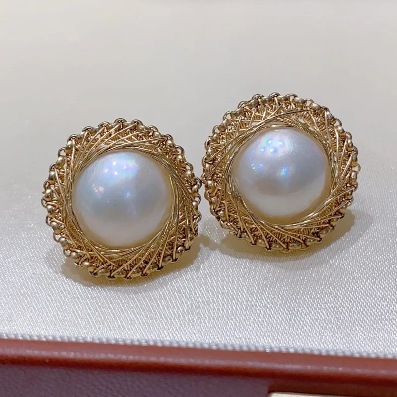 

SGARIT Trending Pearl Jewelry DIY Handmade 15-16mm 14k Filled Gold Natural Seawater Mabe Pearl Stud Earrings Jewellery