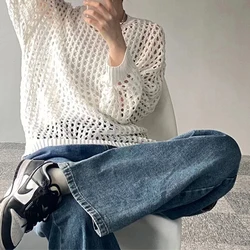 Women Long Sleeve T-Shirts Hollow Out Chic Shirt O-Neck Loose Casual Knit Tees See Through Tops For Women 2024 Spring