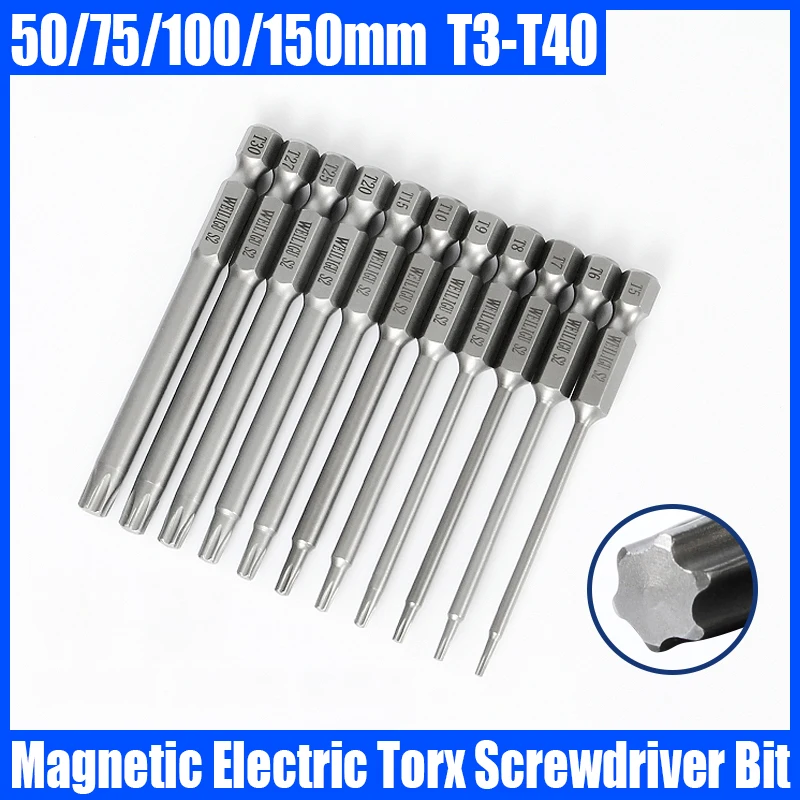 50/75/100/150mm T3-T40 Torx Screwdriver Bits Set Hex Shank Security Tamper Proof Electric Screwdriver Drill Bits Impact Driver