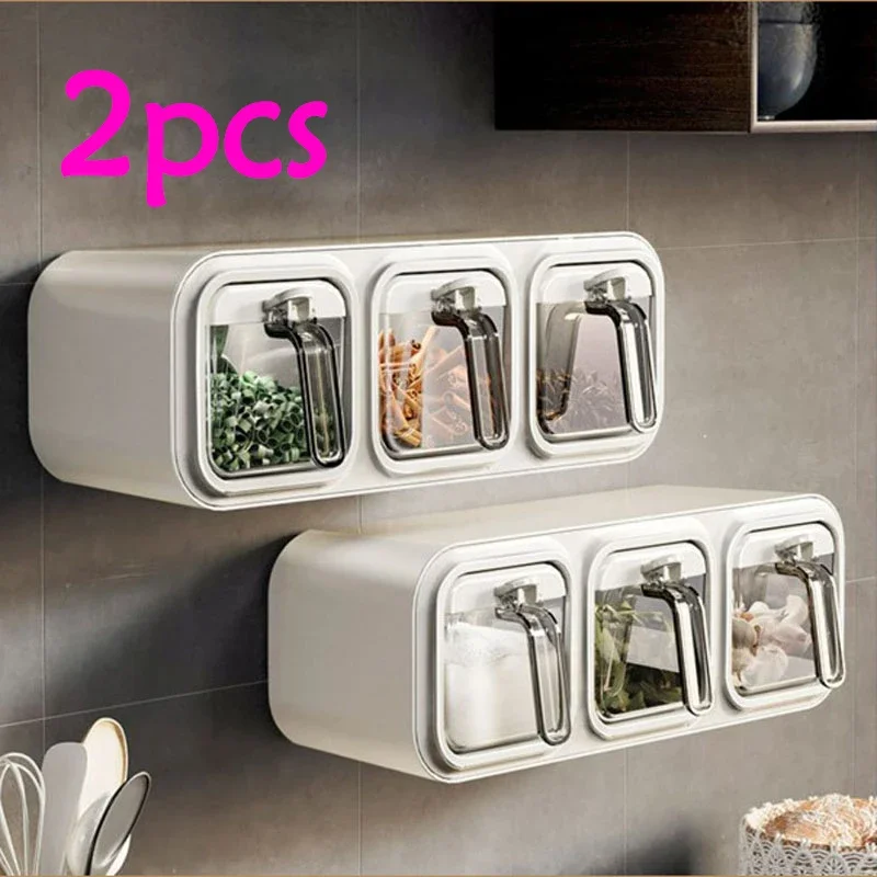 

2pcs Wall Mount Spice Rack Organizer Sugar Bowl Salt Shaker Seasoning Container Kitchen Supplies Storage Set Spice Boxes