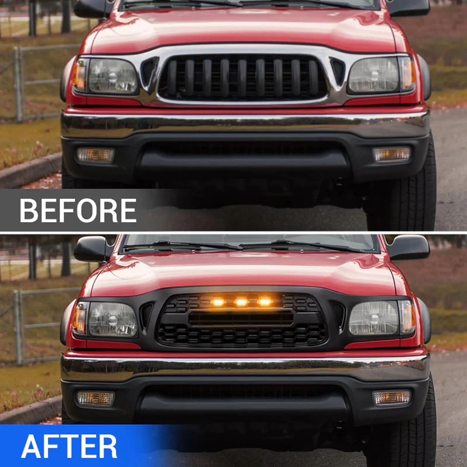 Front Grill Compatible with 2001-2004 Tacoma TRD Style Front Grill Replacement ABS Bumper Grille with Letters and LED Lights