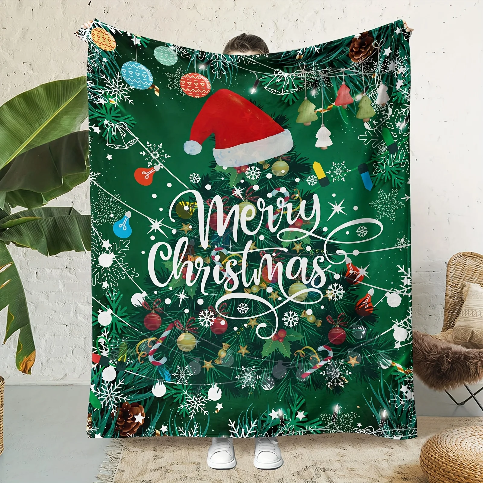 Contemporary Flannel Throw Blanket with Merry Christmas Pattern, Soft Warm Digital Print, Multi-Use for Sofa, Home, Office, Nap