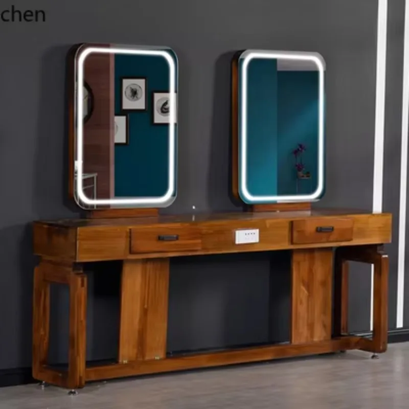 YFY  Barber Shop Hair Shop Mirror Table Retro Floor Desktop Double-sided Mirror Solid Wood Trend Shop