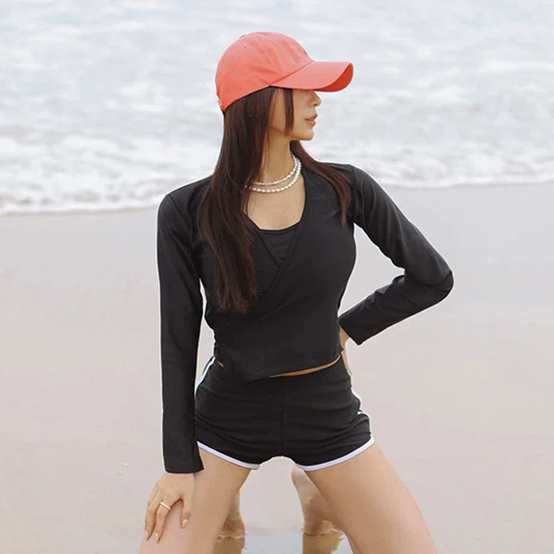 

Korea New Three Pieces Set Swimsuit Women Black Sports Swimwear Sexy High Waist Bikini Shorts Long Sleeve Beach Bathing Suit