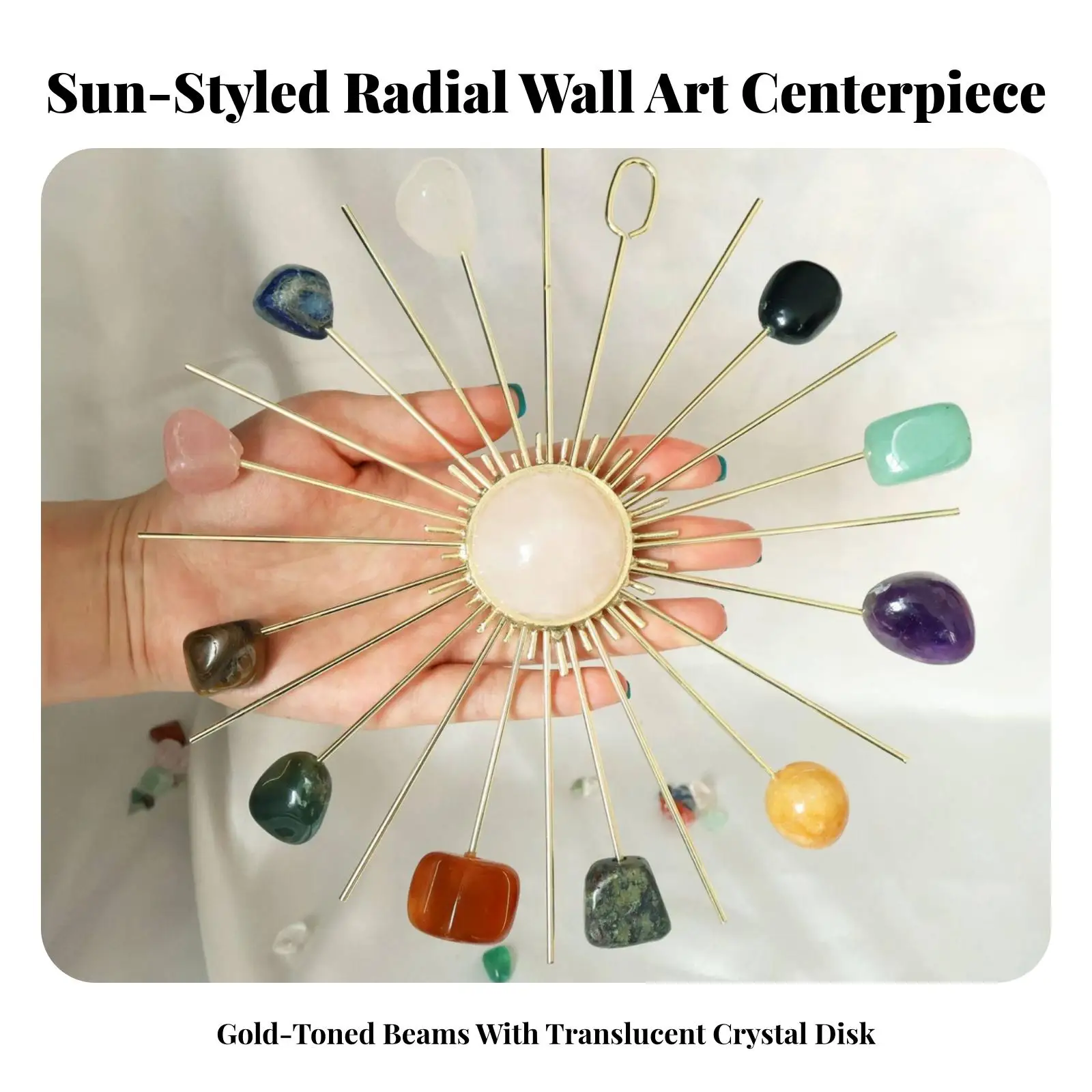 Gold Sun Wall Sculpture Metal Frame Crystal Center Glass Pendant for Living Room Home Decoration Interior Item Decor