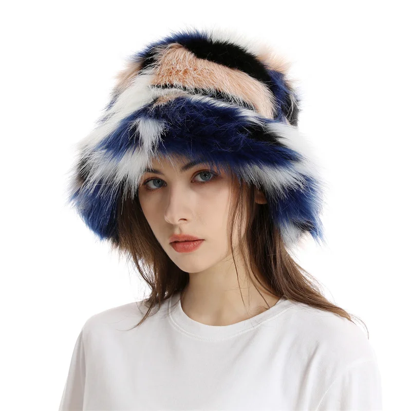 High Quality Feminina Faux Fur Hat Winter Warm Imitation Fox Fur Hats Caps For Women Lady Outdoor Panama Fisherman Hats Beanies