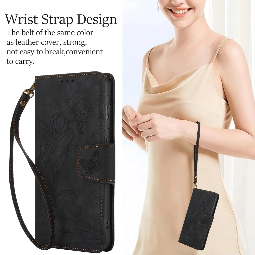 

Floral Pattern Wrist Strap Leather Phone Case for iPhone 17 Pro Max Air 16 16E 15 Plus 14 13 Mini 12 11 Xs Xr Card Holder Cover