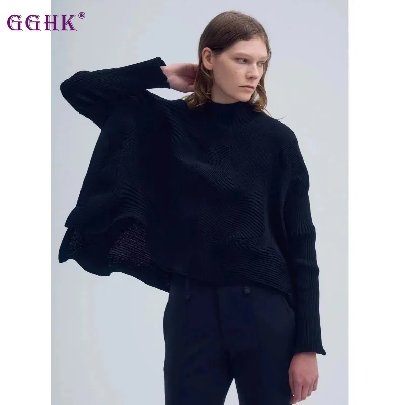 GGHK Pleated Women Solid Color T-Shirt 2024 Fall Winter New Long Sleeve Loose Large Size Casual Retro Design Female Fashion Tops