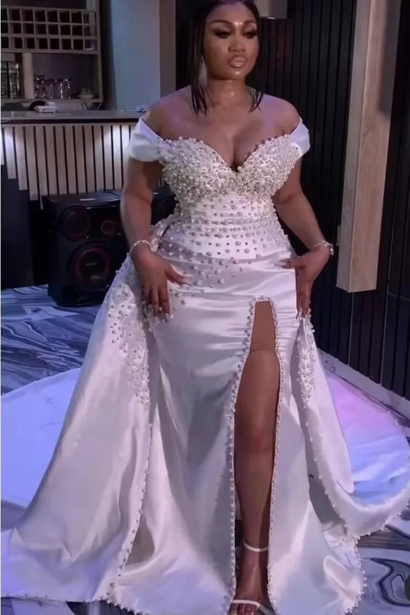 Luxury African Mermaid Wedding Dresses with Removable Skirt Off the Shoulder Pearls Beads High Split Bridal Dress Gowns
