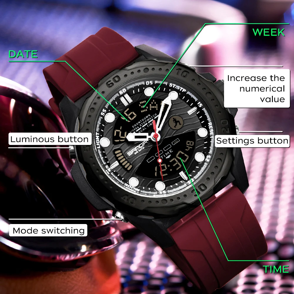 Zegarek męski SANDA LED Luxury, podświetlany, z datownikiem, podwójnym czasem, wyświetlaczem cyfrowym, alarmem, elektroniczny, kwarcowy, zegarki męskie Reloj