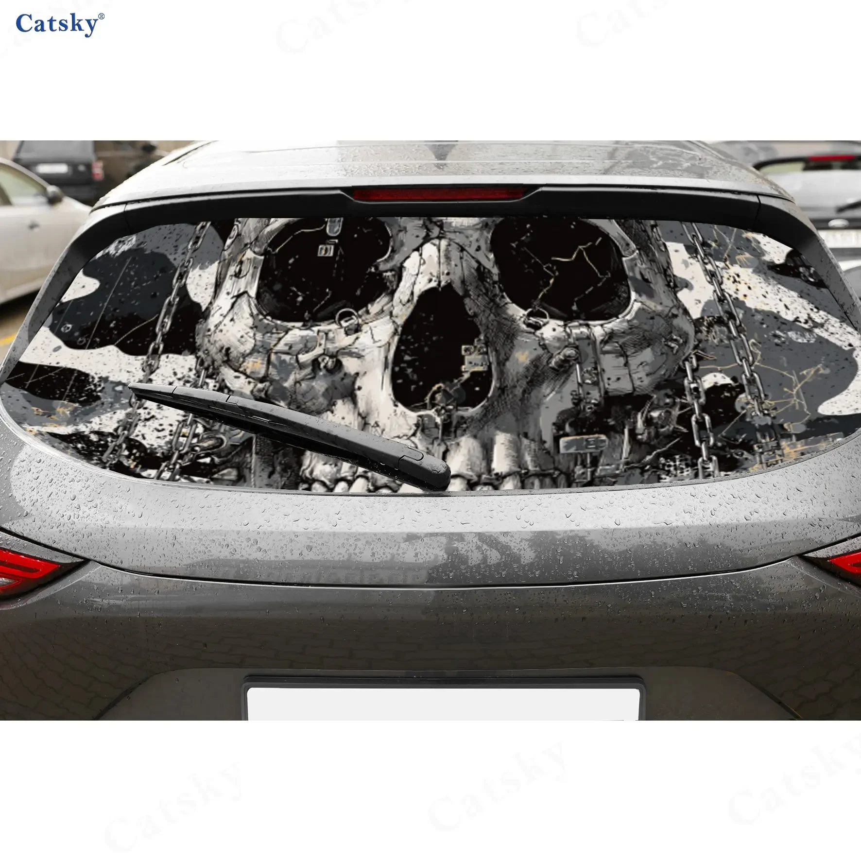 Dark Chain Skull Dominance Scene PVC Perforated Car Vinyl Wraps, Durable Car Rear Windshield Sticker, Waterproof Car Rear Window