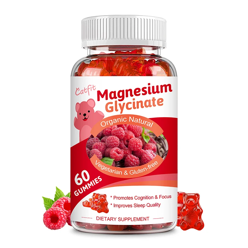 Catfit 60pcs Glycine Magnesium Gummy Raspberry Vitamin D B6 Calm Up Sugar-free Magnesium chelate Supplement