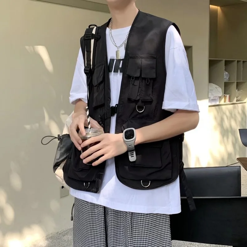 EBAIHUI Black Pink Pocket Vests Men Fashion Retro Casual Cargo Sleeveless Jacket Male Japanese Streetwear Loose Hip Hop Vest