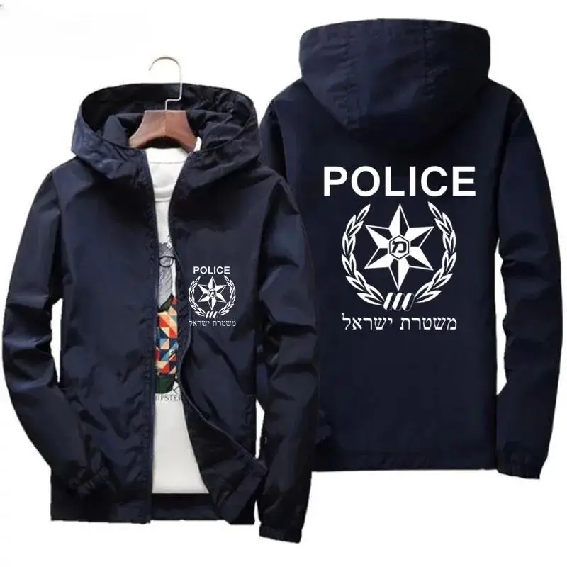 

Mens Outdoor Sport Israeli Police Mans Israel Cops Hooded Coat Windbreaker Zipper Pilot Thin Parkas Clothing Jacket