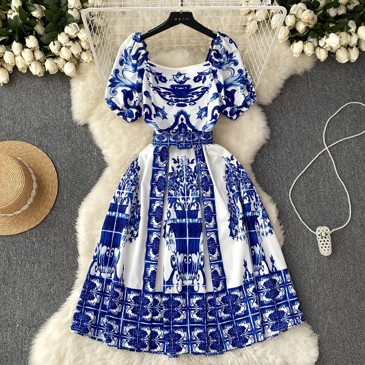 Summer Clothes For Women Dresses 2023 Party Elegant Vintage Print Dress Square Neck Short Puff Sleeve Midi Dress With Belt