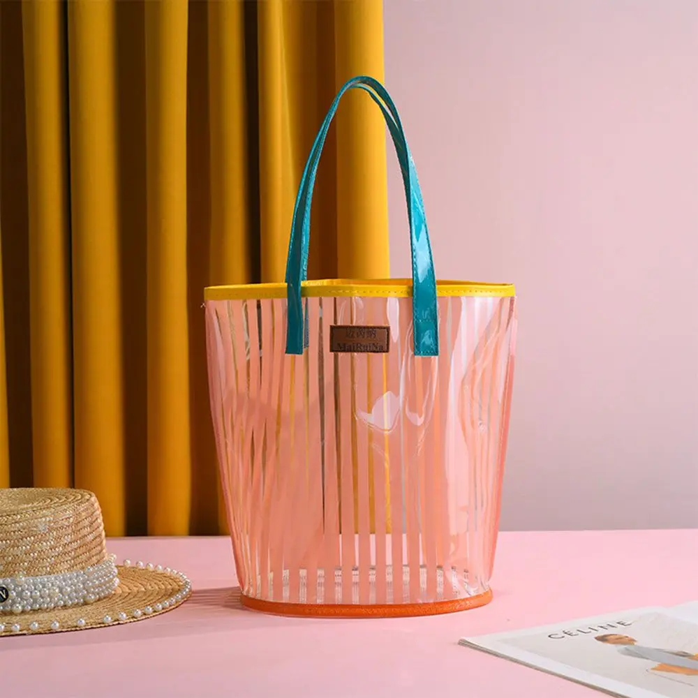 Makeup Organizer Makeup Pouch Tote Bag Large Capacity PVC Cosmetic Bag Striped Handbag Storage Bag Beach Bag Shopping Bag
