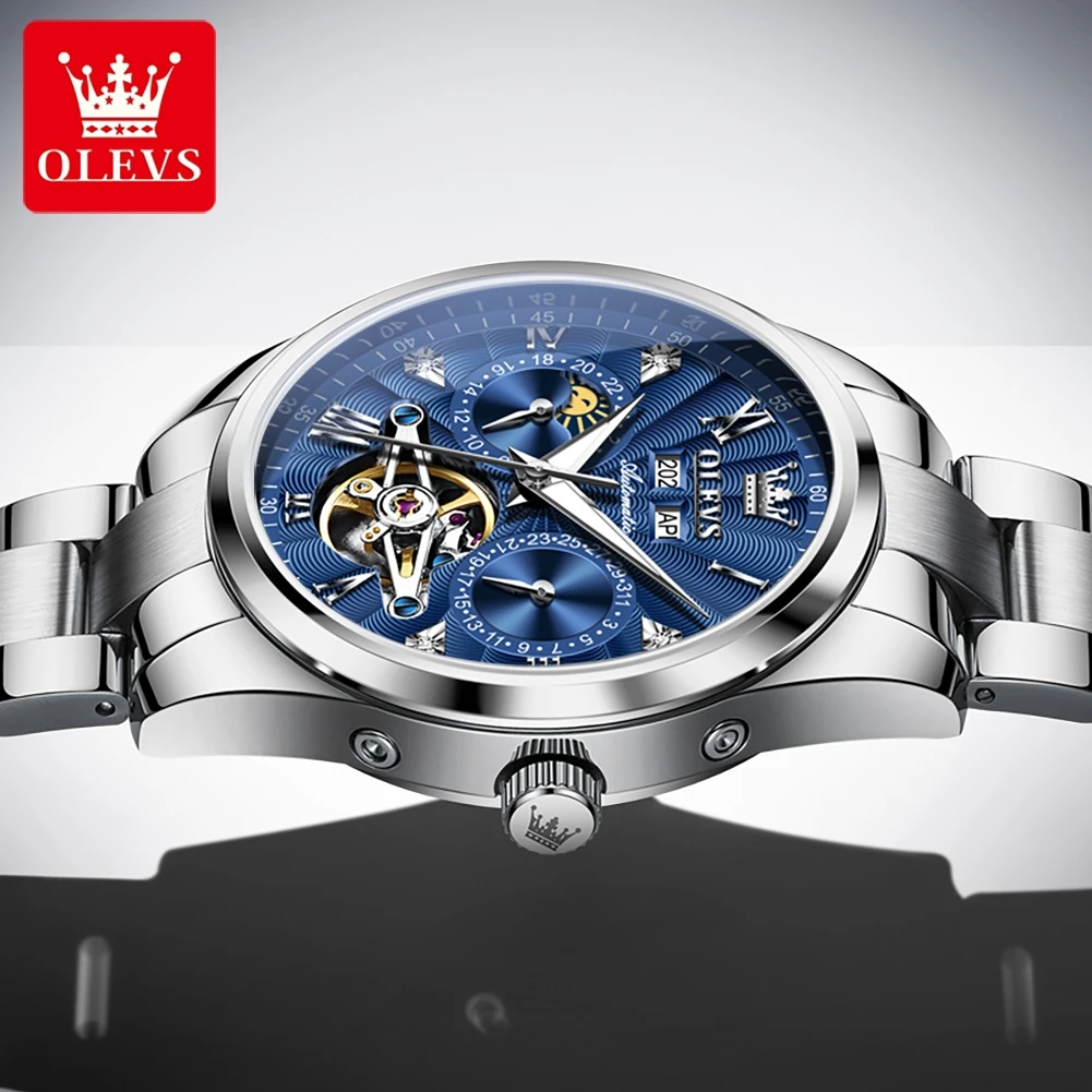 OLEVS Brand New Luxury Tourbillon Mechanical Watch for Men Stainless Steel Waterproof Fashion Automatic Calendar Watches Mens