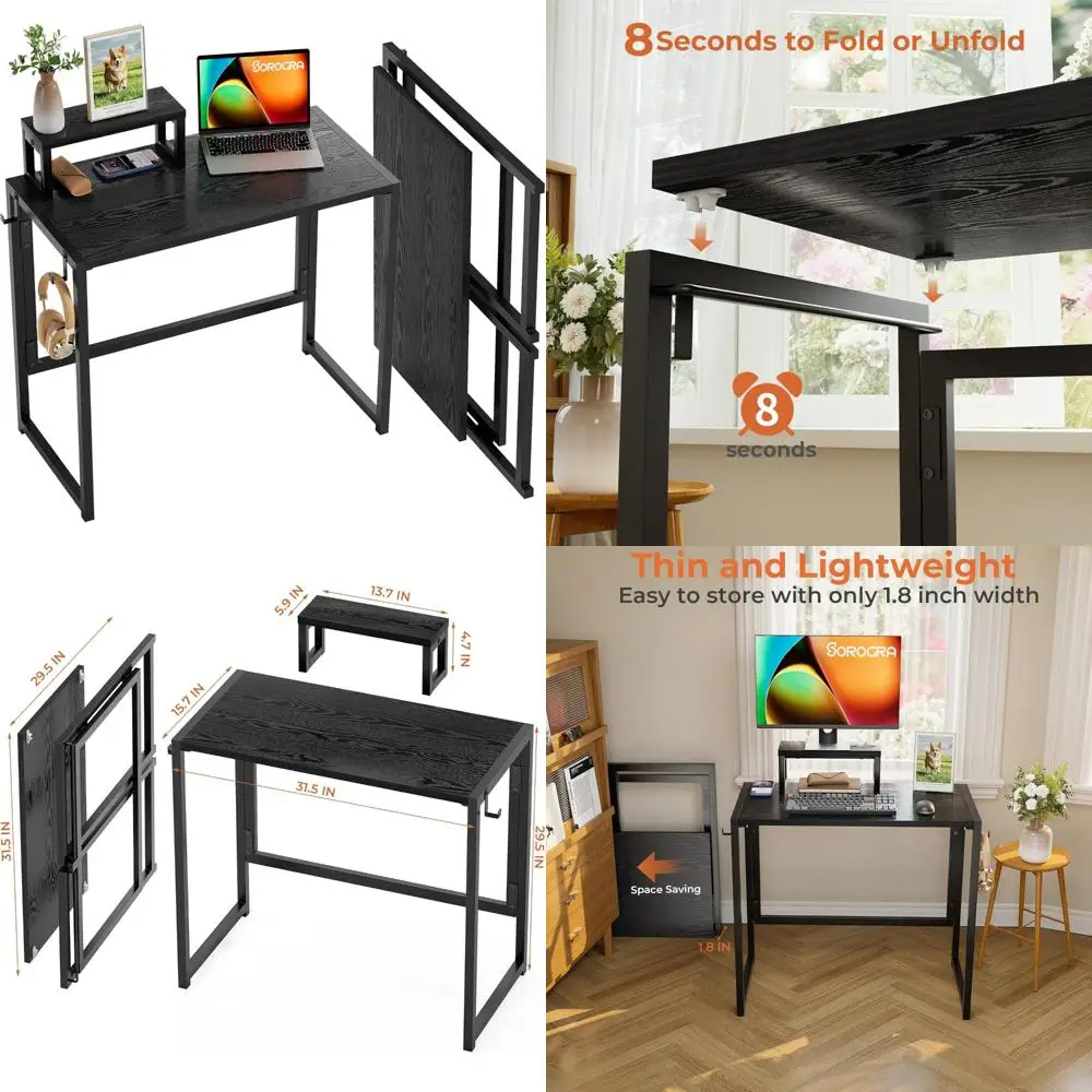 

Складной стол с подставкой для монитора, 31,5-дюймовый складной компьютерный стол с крючком, прочный небольшой компактный письменный стол для дома
