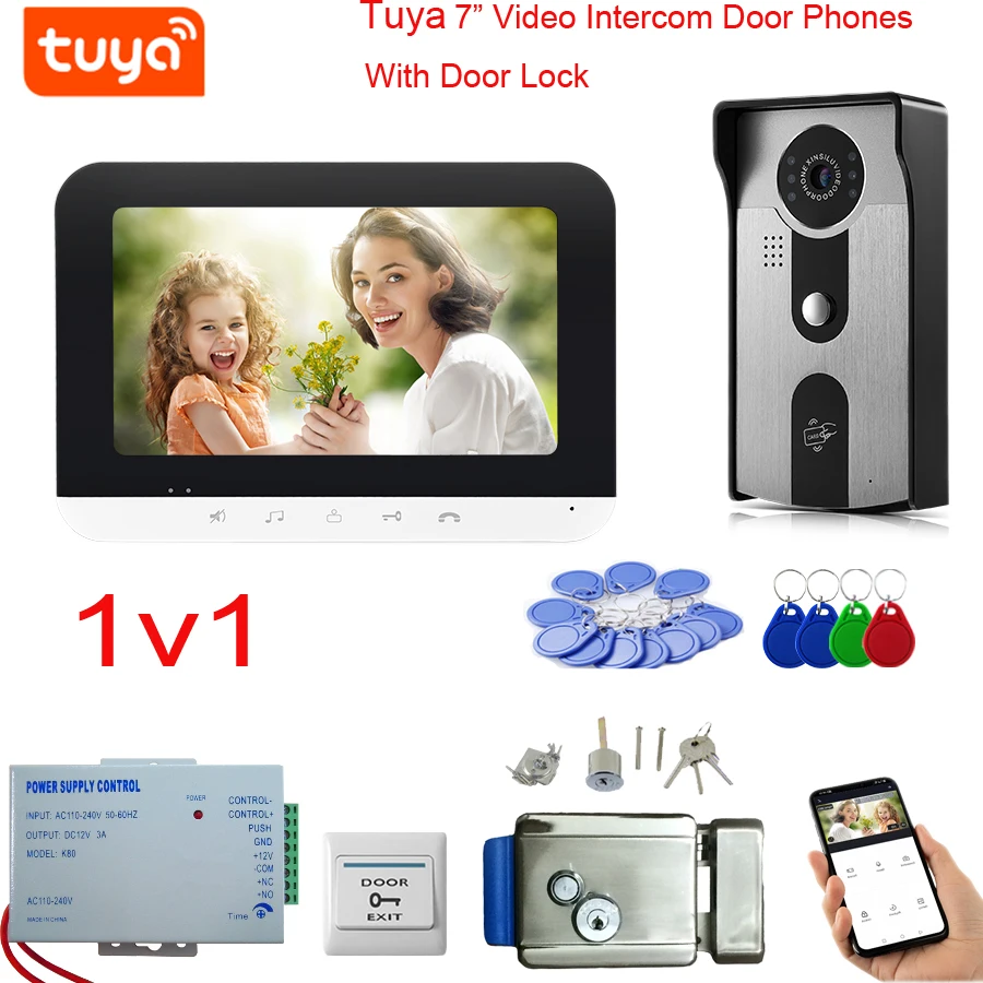 

TUYA WiFi Video Doorphone Doorbell Intercom 7" Color Touch Button Monitor With Wired Camera IP55 Waterproof Swipe Card Unlock